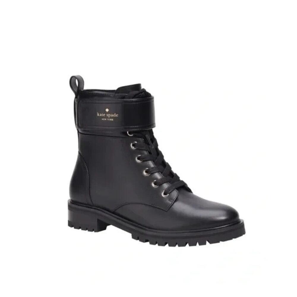 NWOB Kate Spade Joplin Women's US 9 Ankle Combat Boots Black Nappa Leather